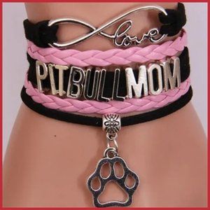 Pitbull Mom Infinity Love Black Suede and Pink Braid Paw Charm Bracelet
